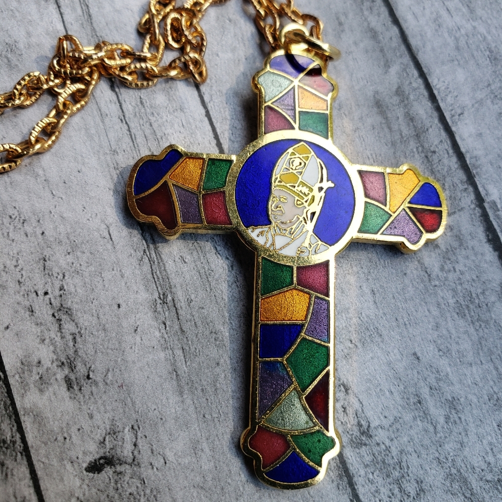 VINTAGE Cross Catholic Pendant Enamel Pope Religious Stained Glass Imitates